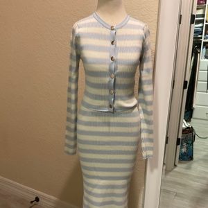 Zara Knit Striped Dress Cardigan Set Blue Cream Pink size M